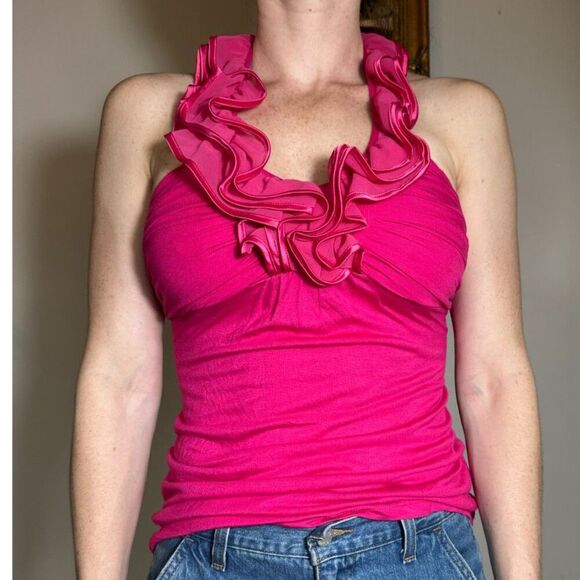 Express Romantic Hot Pink Ruffled Halter Top Size XS - Picture 1 of 3
